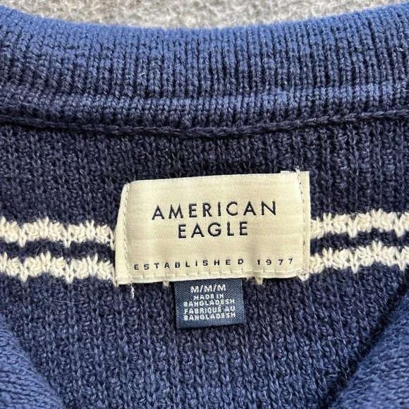 American Eagle Sweater Polo Shirt Mens Medium Blue Crochet Button Through - Picture 7 of 11